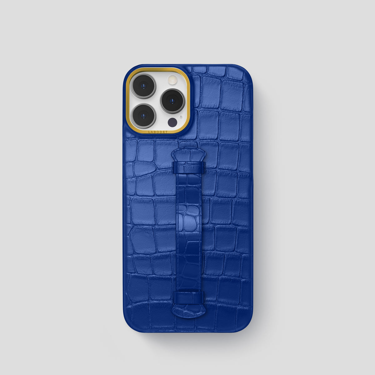 Royal Blue iPhone 15 Pro Centre Handle Case In Alligator with Gold Metal -2 | Royal-Blue-Gold