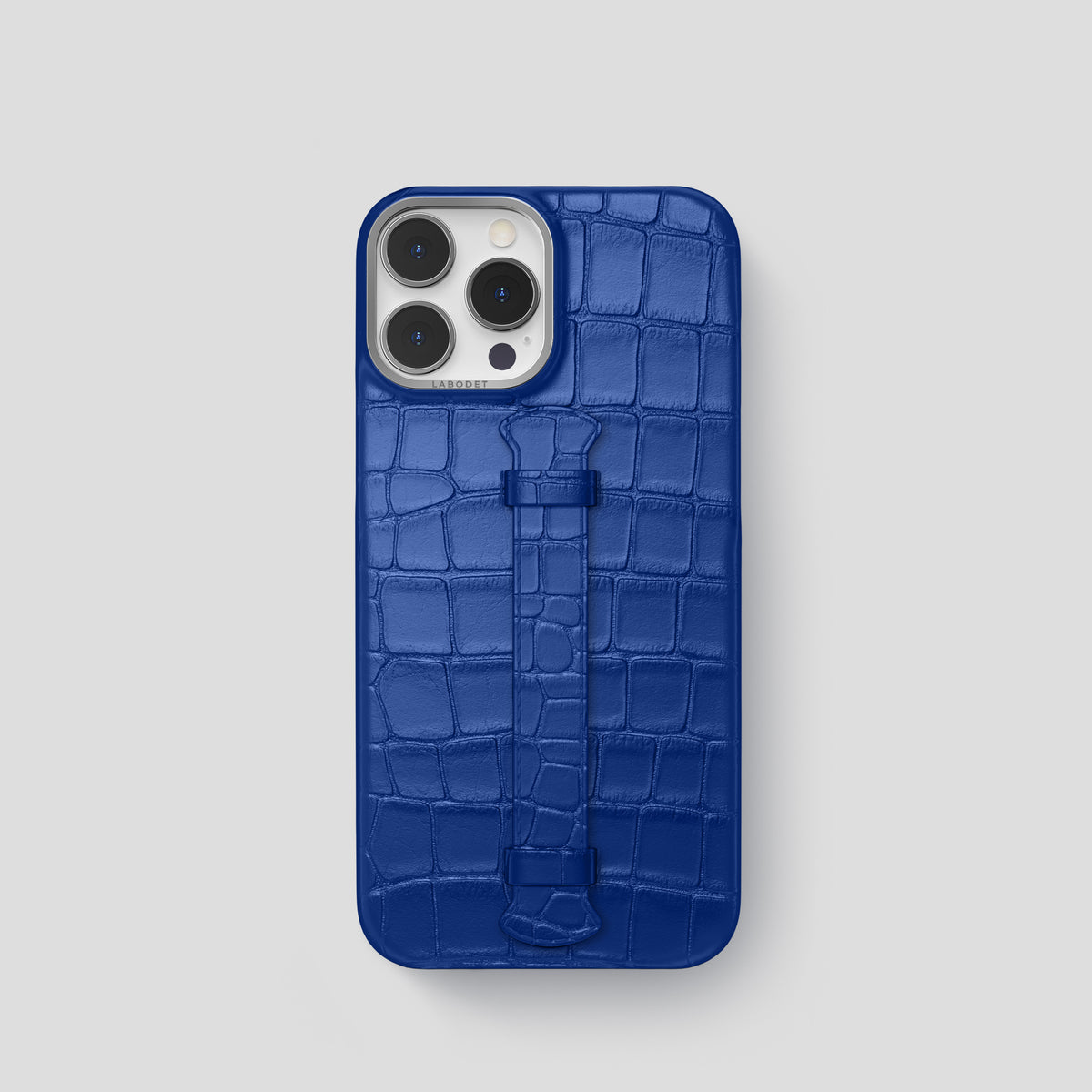 Royal Blue iPhone 15 Pro Centre Handle Case In Alligator with Steel Metal -1 | Royal-Blue-Steel