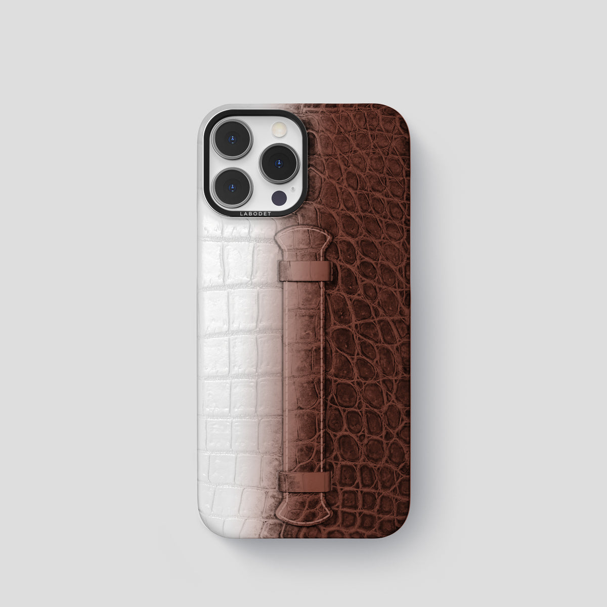 Dark Brown iPhone 15 Pro Center Handle Himalayan Crocodile with Black Metal -1 | Dark-Brown-Black