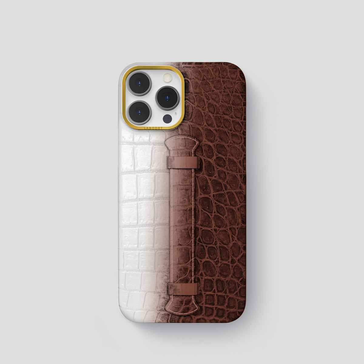 Dark Brown iPhone 15 Pro Center Handle Himalayan Crocodile with Gold Metal -1 | Dark-Brown-Gold