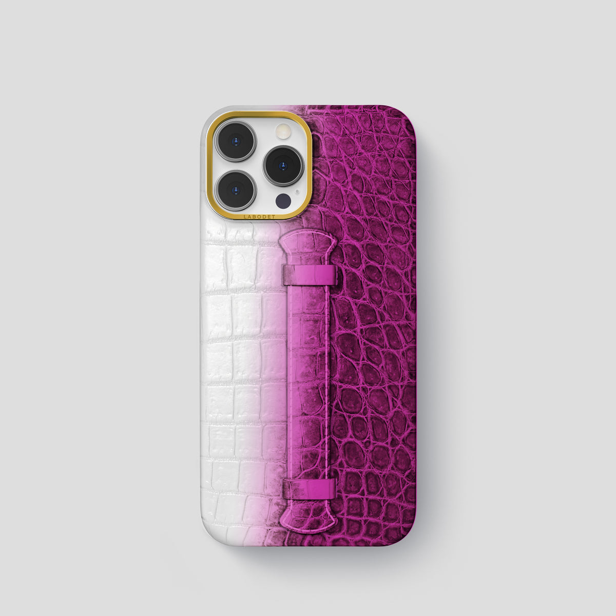 Fuchsia iPhone 15 Pro Center Handle Himalayan Crocodile with Gold Metal -1 | Fuchsia-Gold