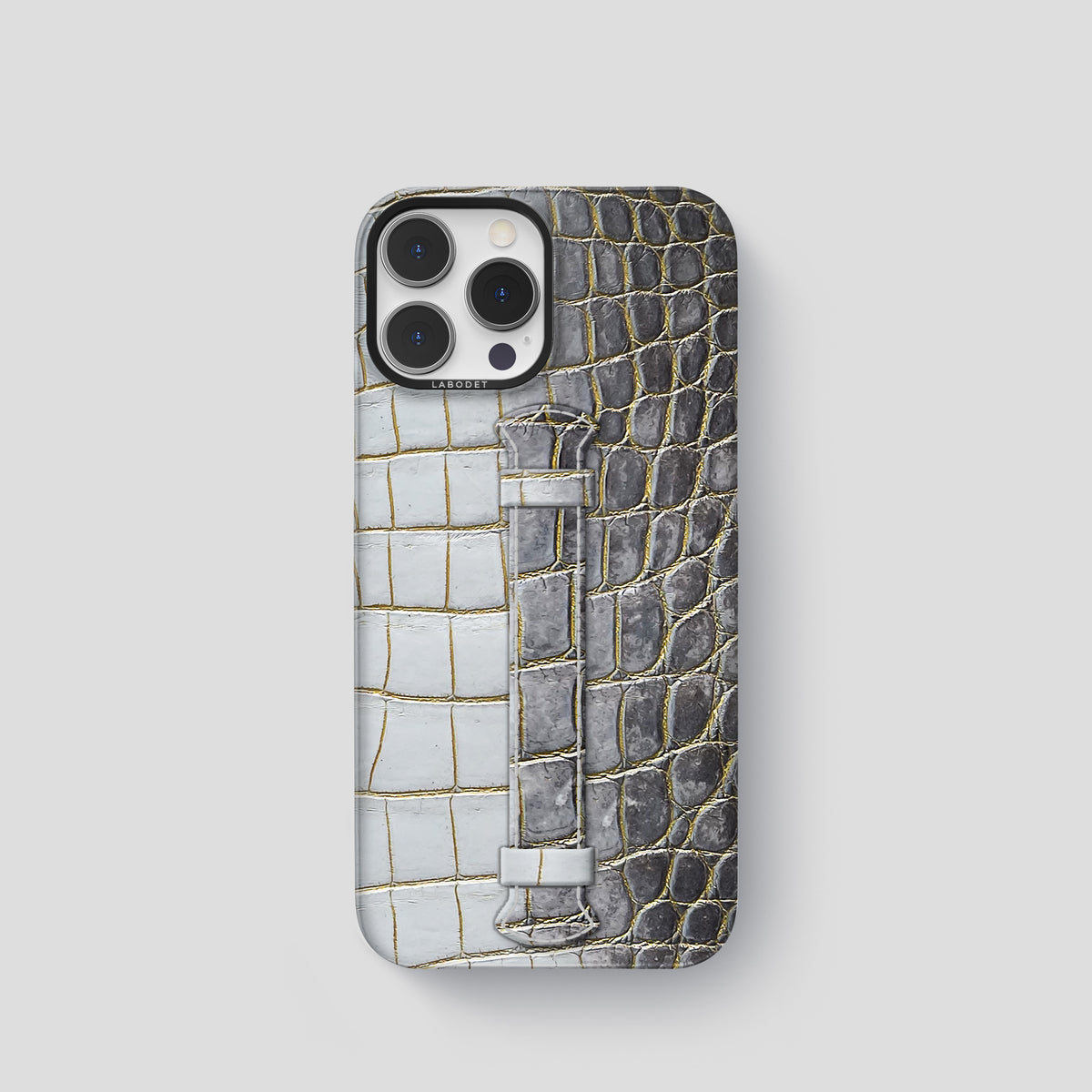 Gold iPhone 15 Pro Center Handle Himalayan Crocodile with Black Metal -1 | Gold-Black