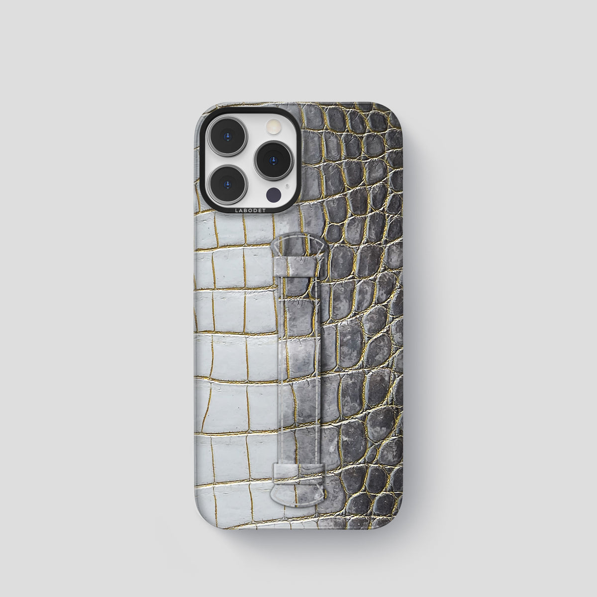Gold iPhone 15 Pro Center Handle Himalayan Crocodile with Black Metal -2 | Gold-Black
