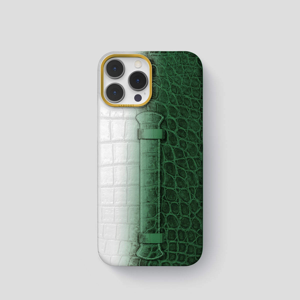Green iPhone 15 Pro Center Handle Himalayan Crocodile with Gold Metal -1 | Green-Gold