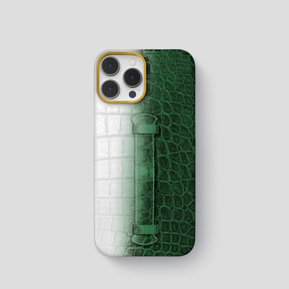 Green iPhone 15 Pro Center Handle Himalayan Crocodile with Gold Metal -2 | Green-Gold