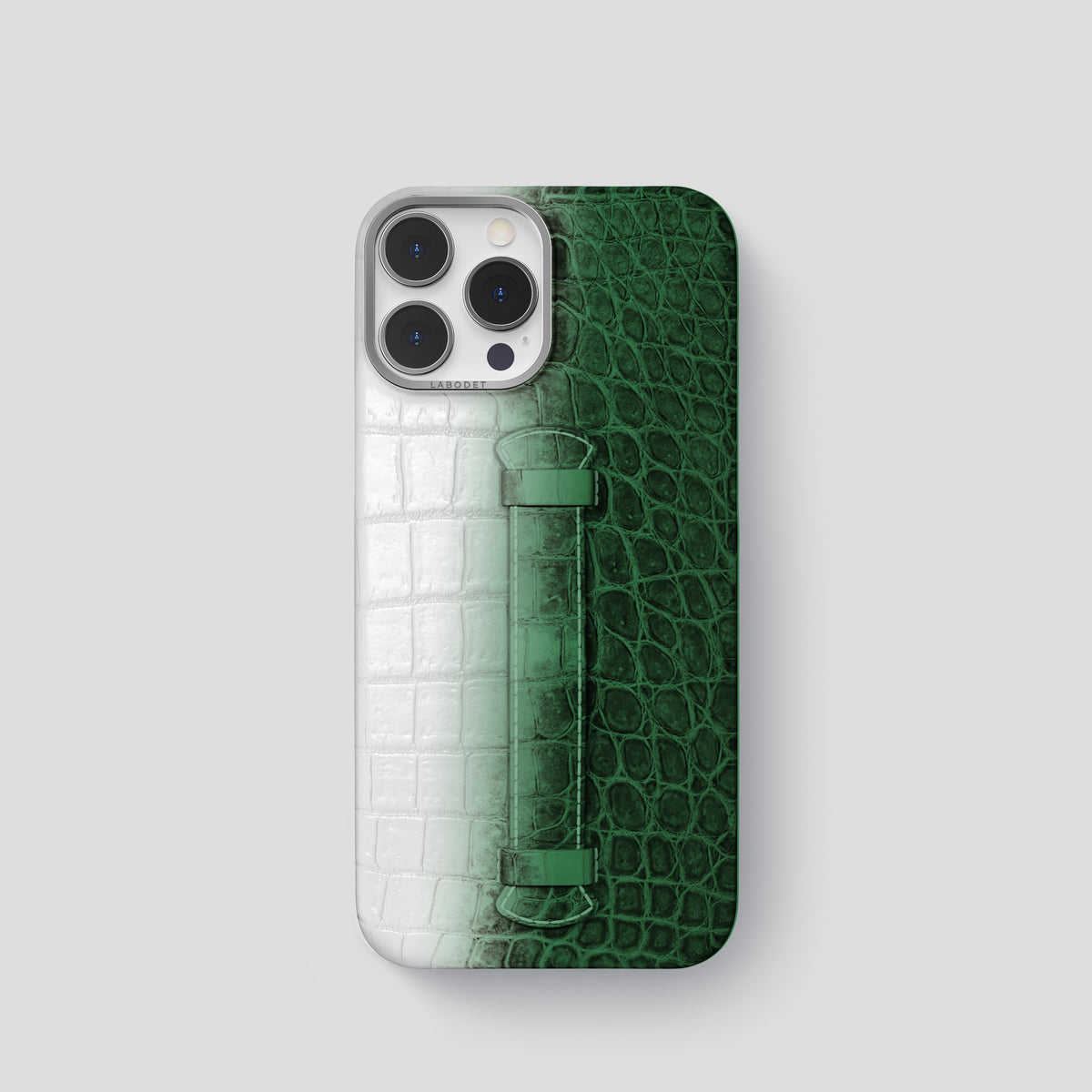 Green iPhone 15 Pro Center Handle Himalayan Crocodile with Steel Metal -2 | Green-Steel