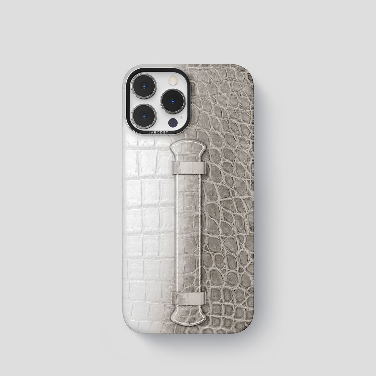 Grey iPhone 15 Pro Center Handle Himalayan Crocodile with Black Metal -1 | Grey-Black