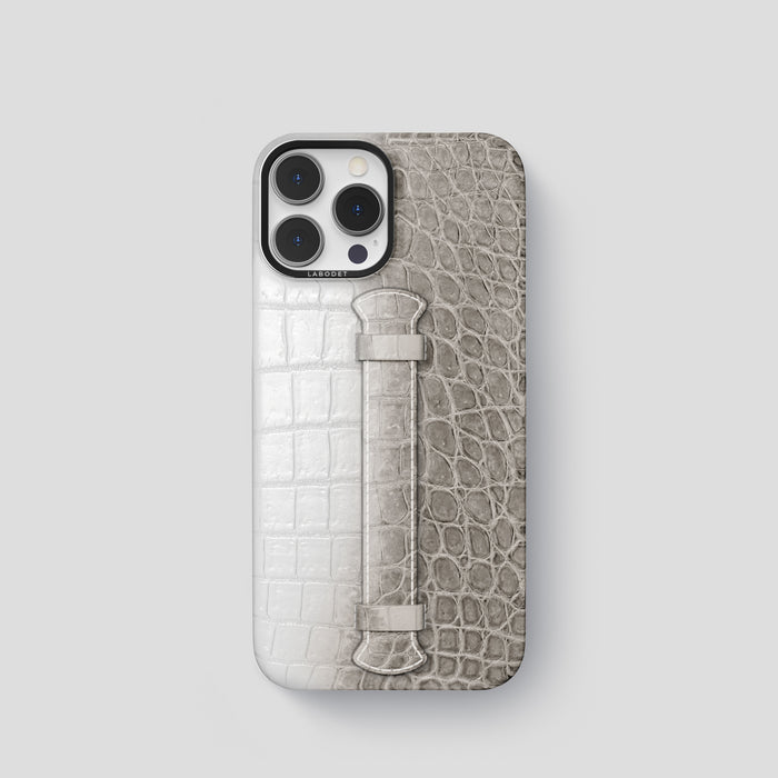 Grey iPhone 15 Pro Center Handle Himalayan Crocodile with Black Metal -1 | Grey-Black