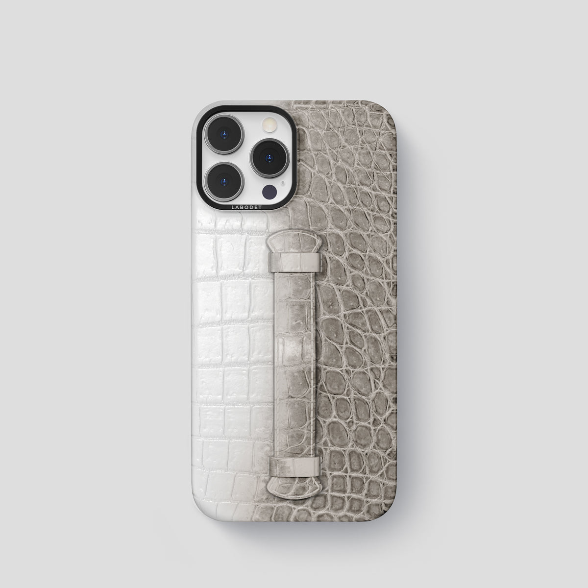 Grey iPhone 15 Pro Center Handle Himalayan Crocodile with Black Metal -2 | Grey-Black