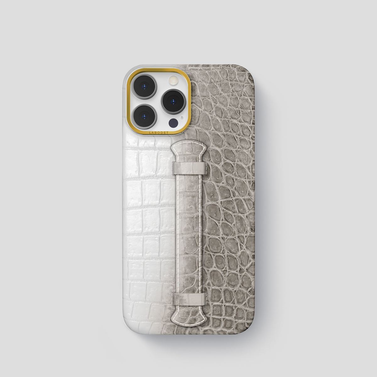 Grey iPhone 15 Pro Center Handle Himalayan Crocodile with Gold Metal -1 | Grey-Gold