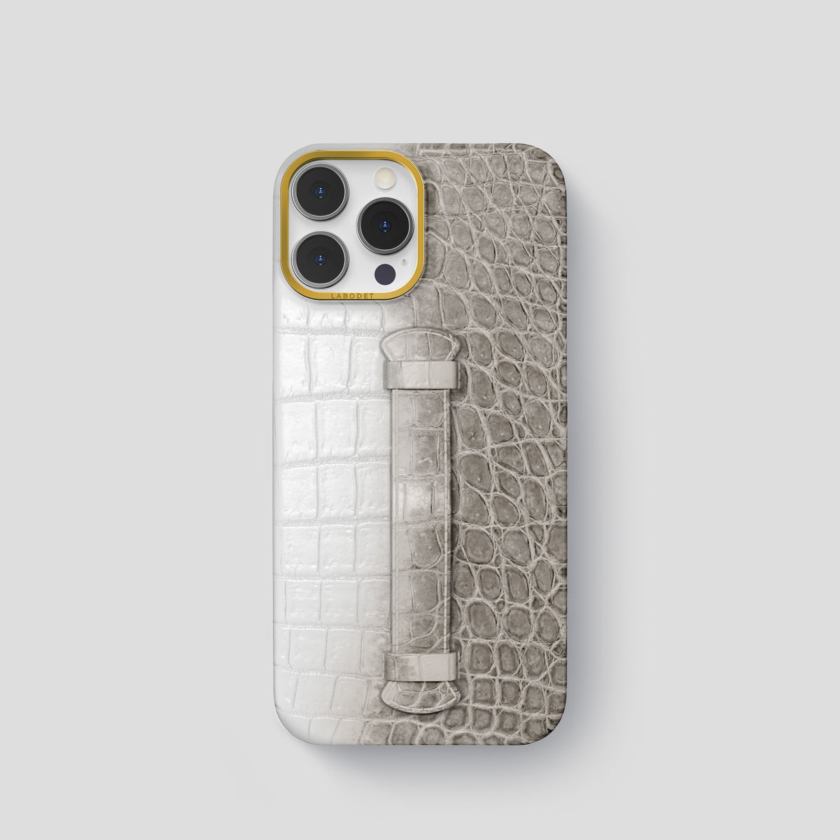 Grey iPhone 15 Pro Center Handle Himalayan Crocodile with Gold Metal -2 | Grey-Gold