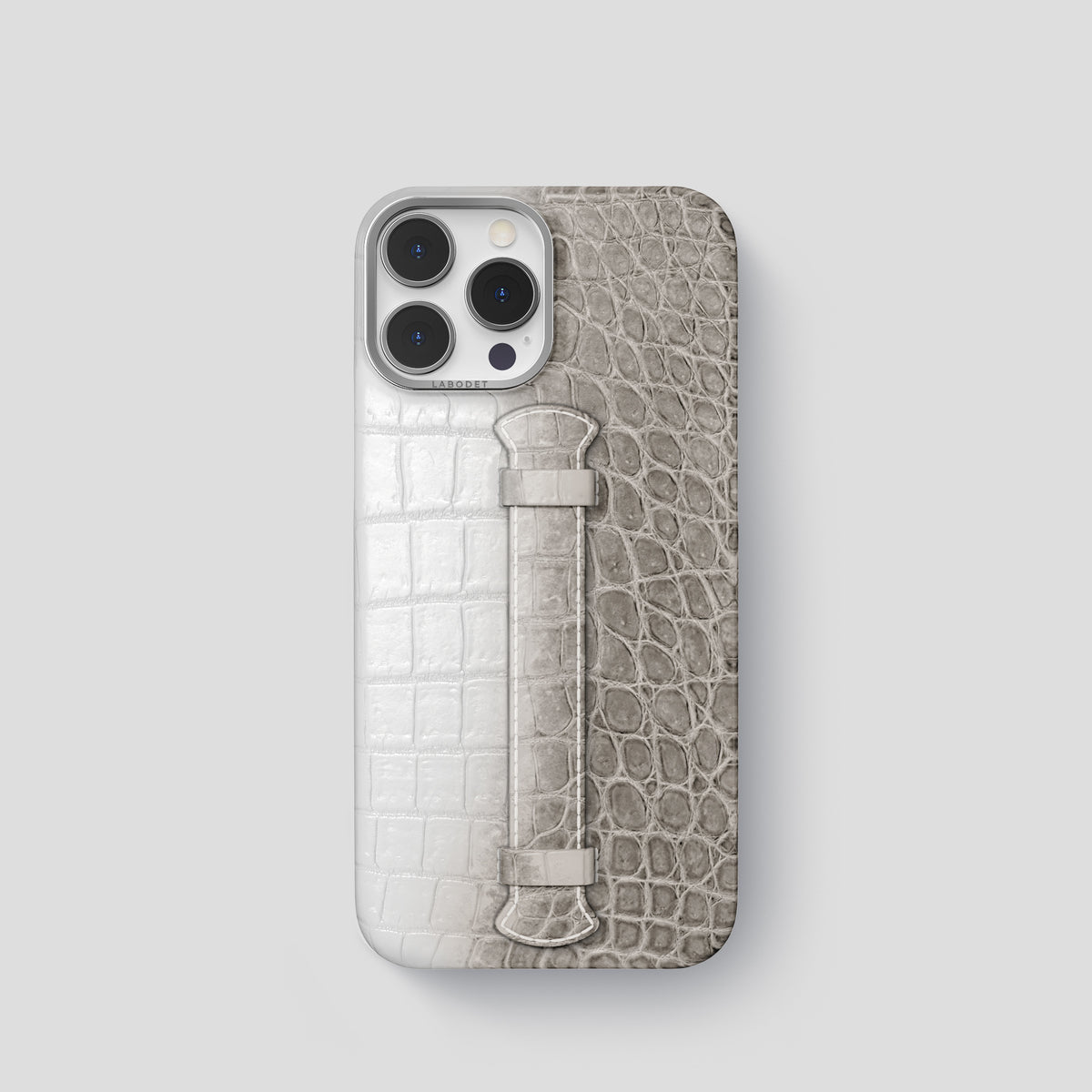 Grey iPhone 15 Pro Center Handle Himalayan Crocodile with Steel Metal -1 | Grey-Steel