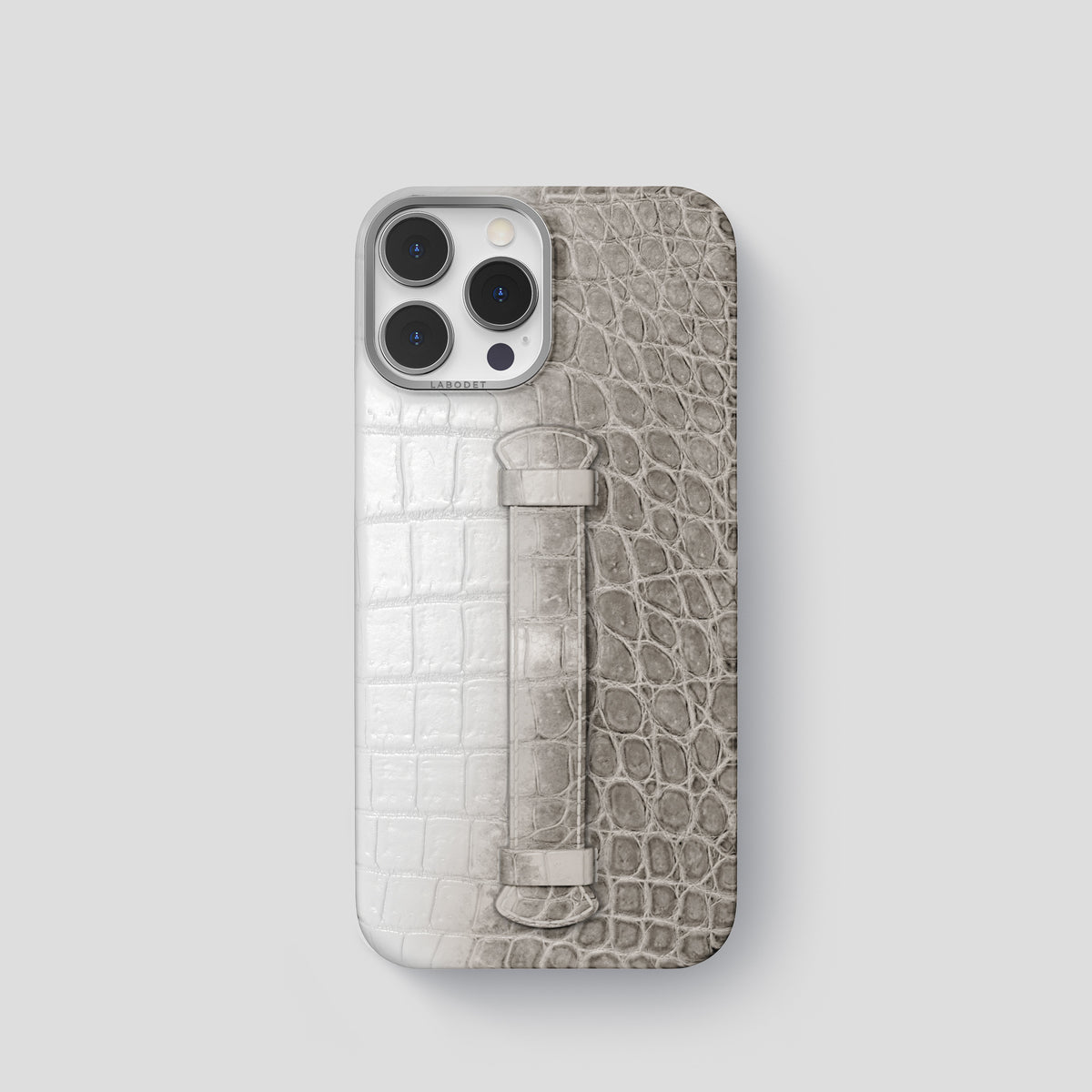 Grey iPhone 15 Pro Center Handle Himalayan Crocodile with Steel Metal -2 | Grey-Steel