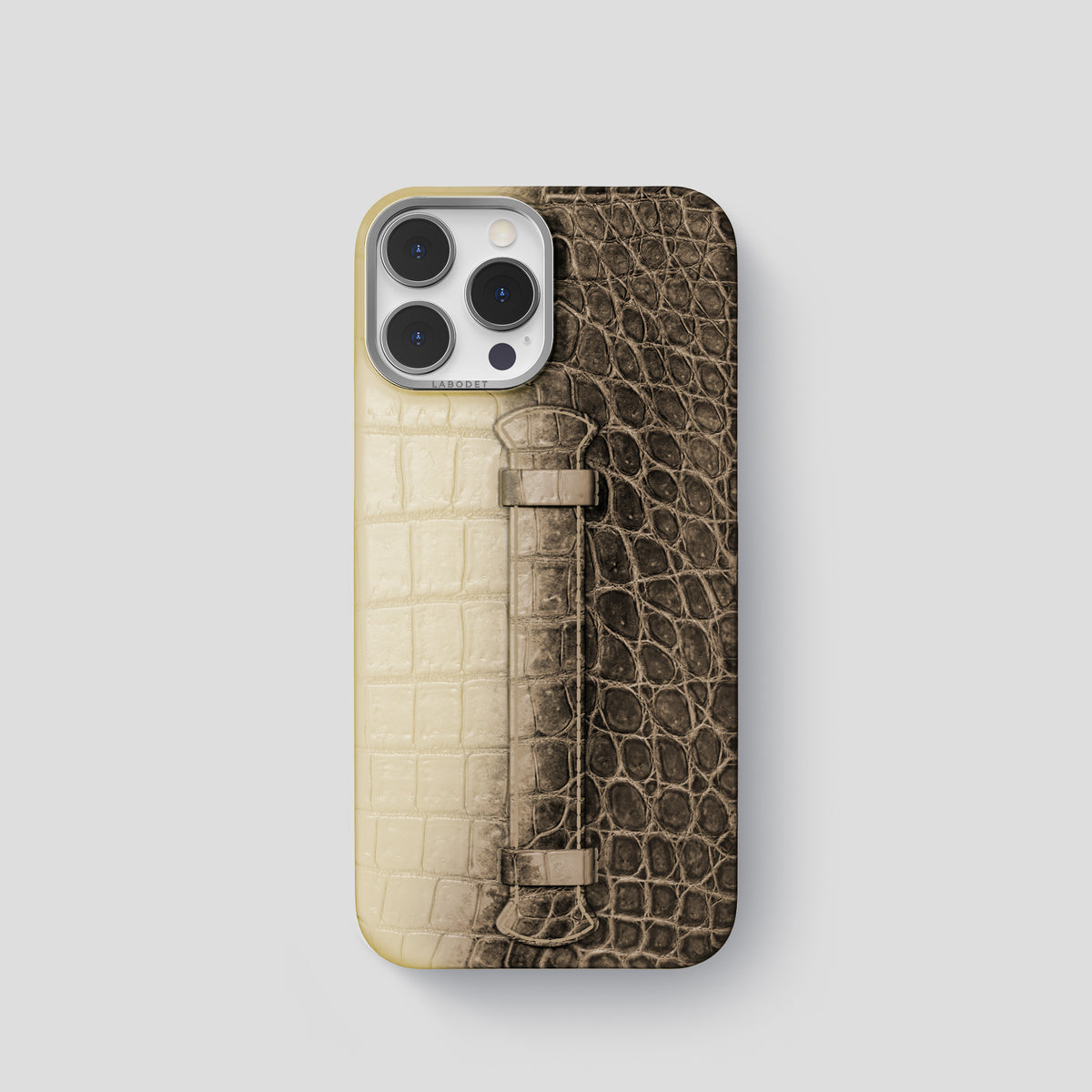 Natural iPhone 15 Pro Center Handle Himalayan Crocodile with Steel Metal -1 | Natural-Steel