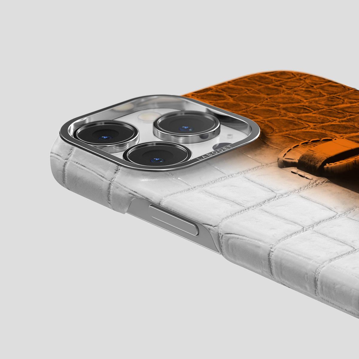 Orange iPhone 15 Pro Center Handle Himalayan Crocodile with Steel Metal -5 | Orange-Steel