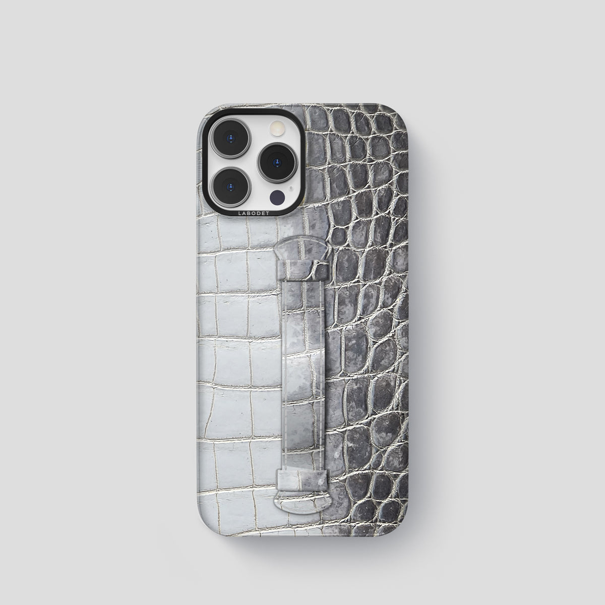 Silver iPhone 15 Pro Center Handle Himalayan Crocodile with Black Metal -2 | Silver-Black