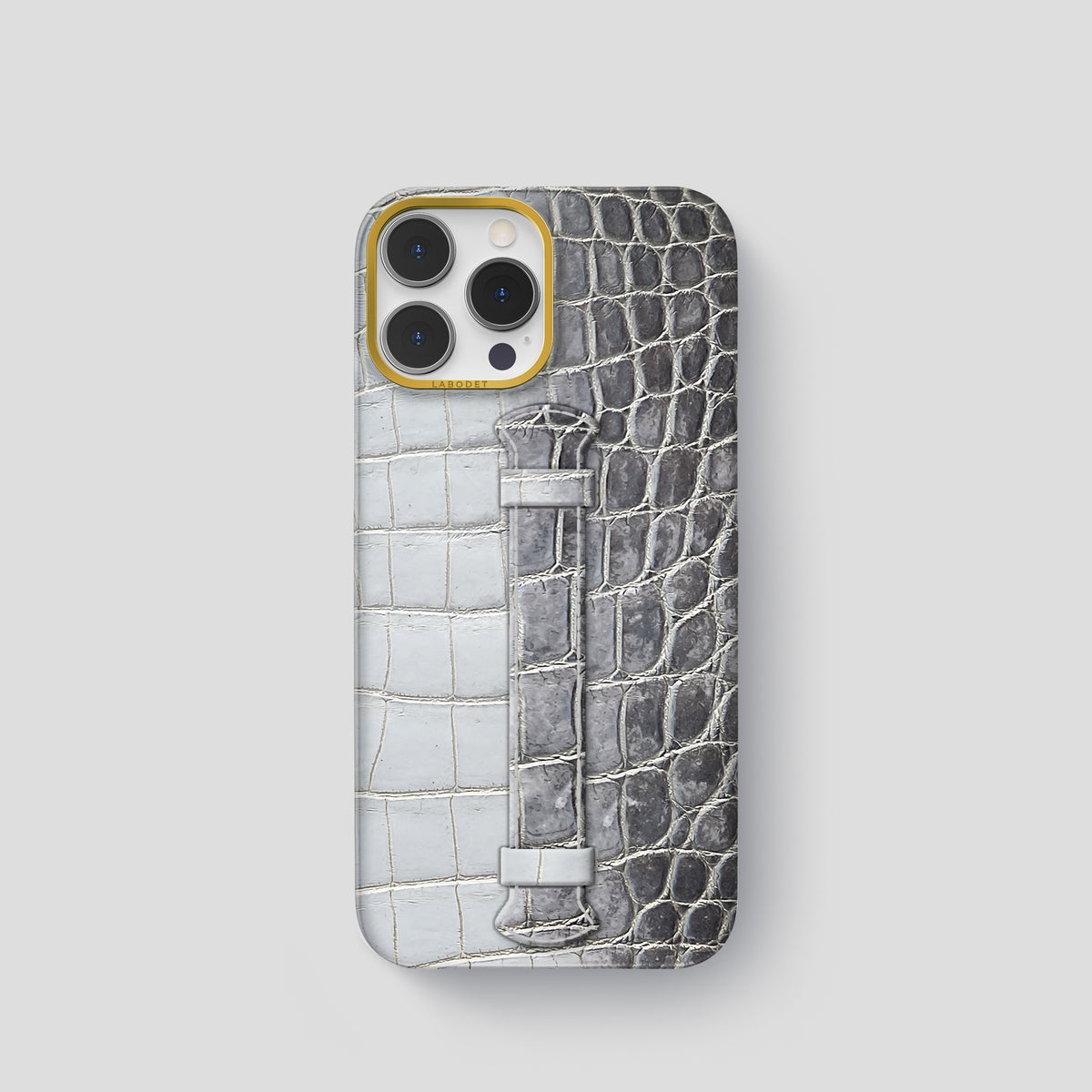 Silver iPhone 15 Pro Center Handle Himalayan Crocodile with Gold Metal -1 | Silver-Gold
