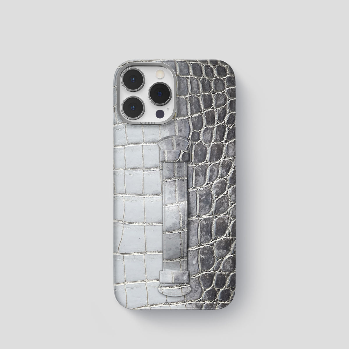 Silver iPhone 15 Pro Center Handle Himalayan Crocodile with Steel Metal -2 | Silver-Steel