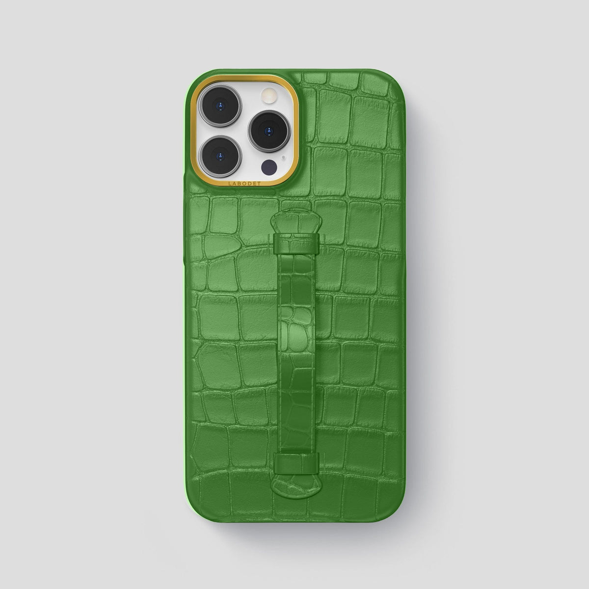 Apple-Green iPhone 15 Pro Max Handle Case Alligator with Gold Metal -2 | Apple-Green-Gold