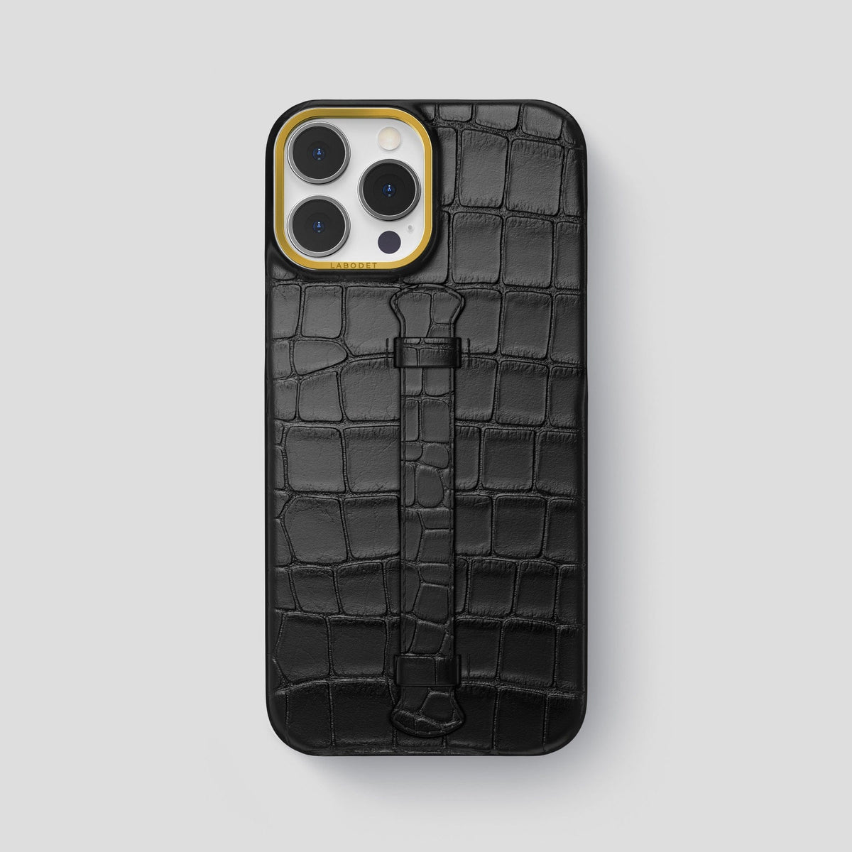 Black iPhone 15 Pro Max Handle Case Alligator with Gold Metal -1 | Black-Gold