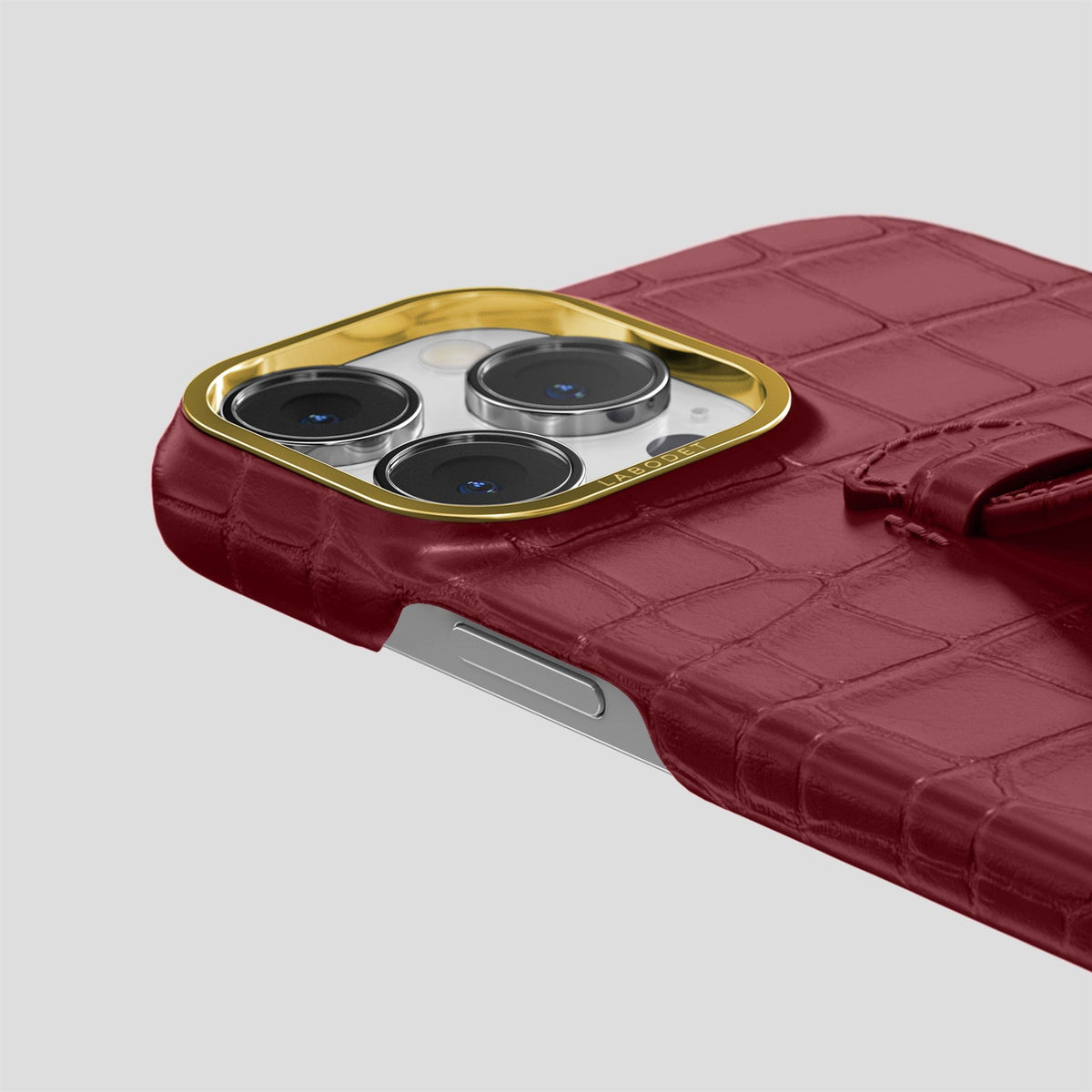 Burgundy iPhone 15 Pro Max Handle Case Alligator with Gold Metal -5 | Burgundy-Gold