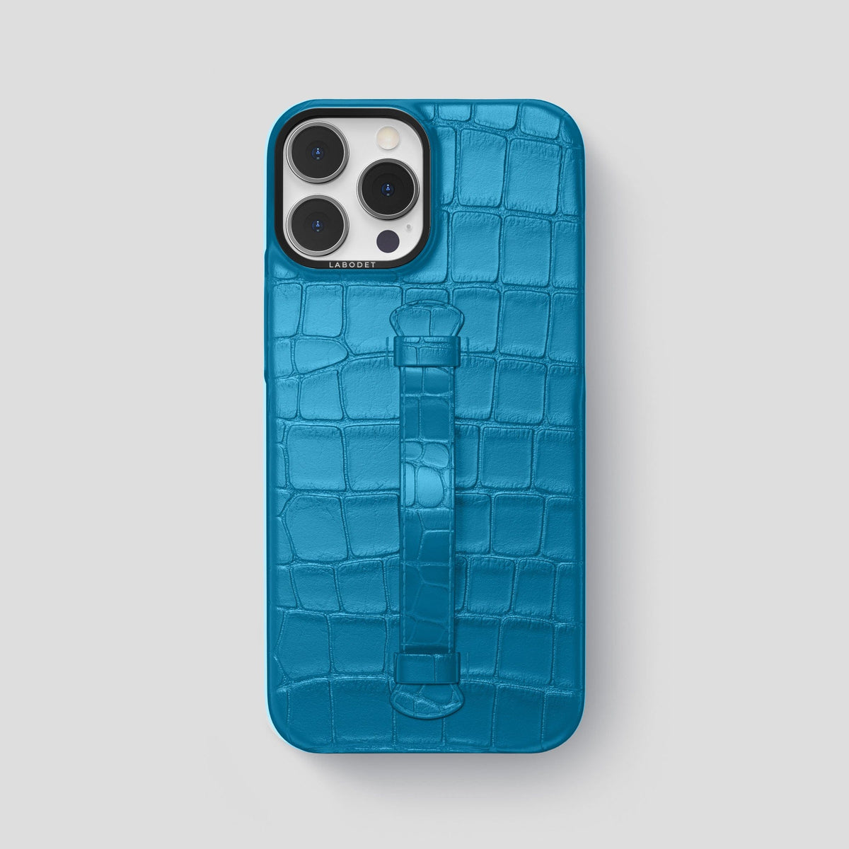 Curaçao-Blue iPhone 15 Pro Max Handle Case Alligator with Black Metal -2 | Curaçao-Blue-Black