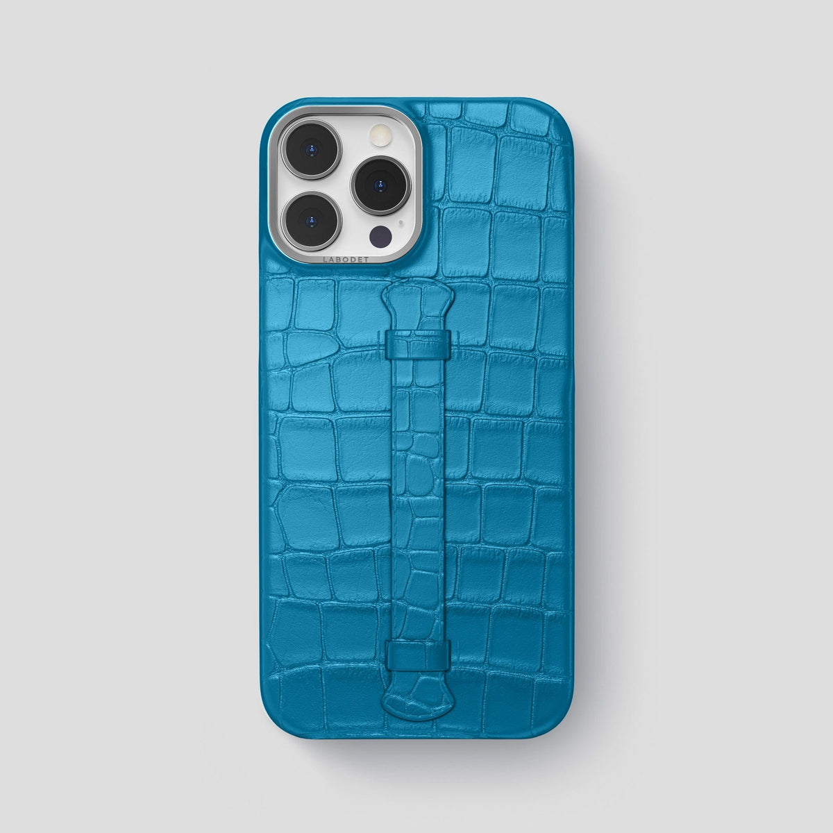 Curaçao-Blue iPhone 15 Pro Max Handle Case Alligator with Steel Metal -1 | Curaçao-Blue-Steel