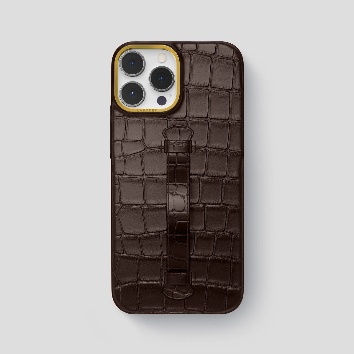 Dark-Brown iPhone 15 Pro Max Handle Case Alligator with Gold Metal -2 | Dark-Brown-Gold