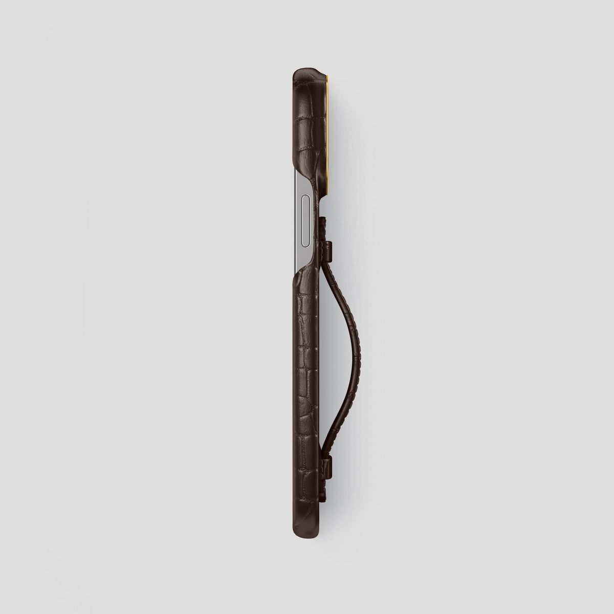 Dark-Brown iPhone 15 Pro Max Handle Case Alligator with Gold Metal -3 | Dark-Brown-Gold