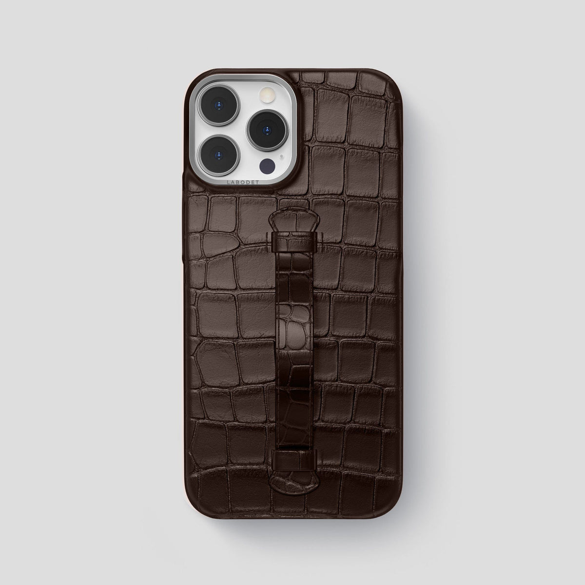 Dark-Brown iPhone 15 Pro Max Handle Case Alligator with Steel Metal -2 | Dark-Brown-Steel