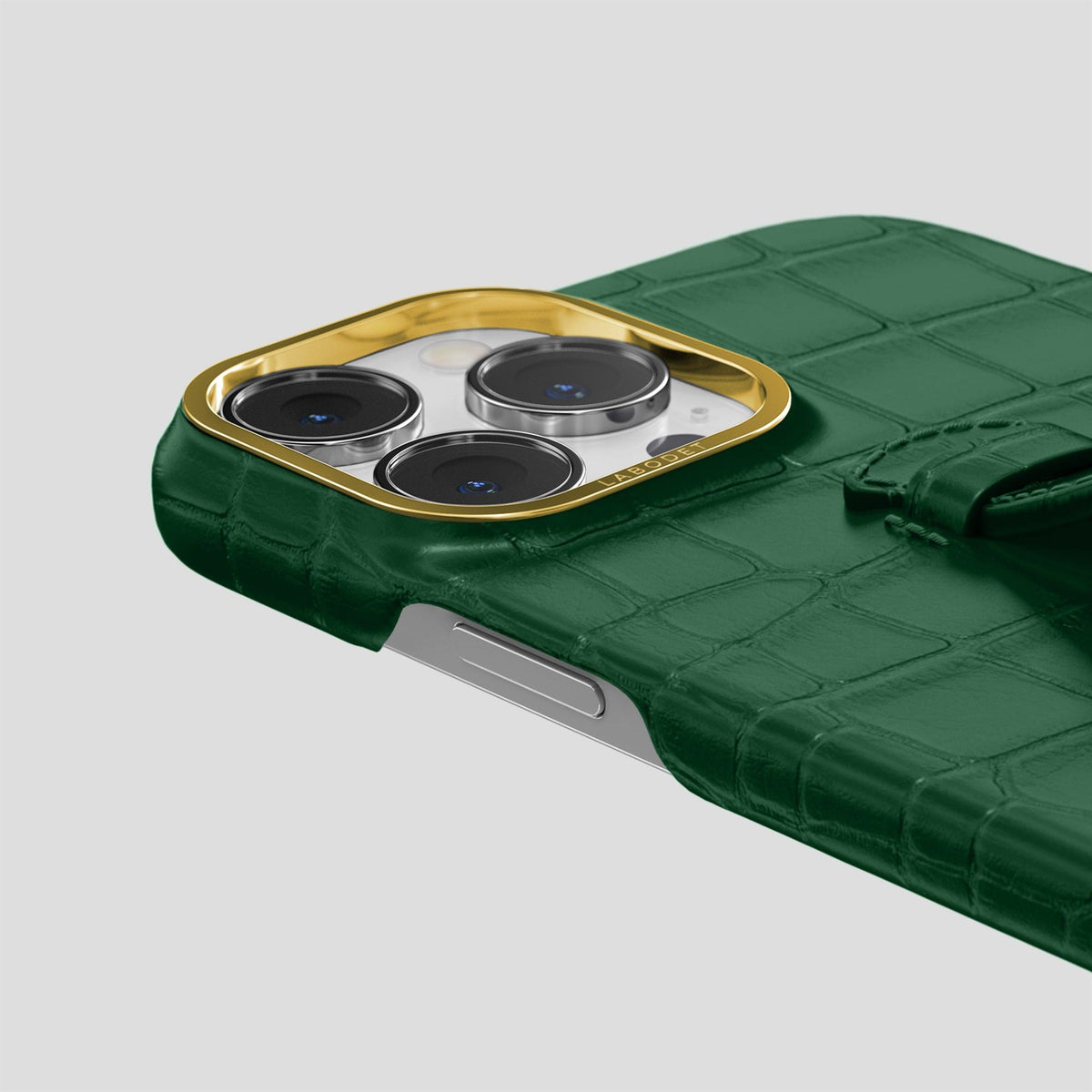 Forest-Green iPhone 15 Pro Max Handle Case Alligator with Gold Metal -5 | Forest-Green-Gold