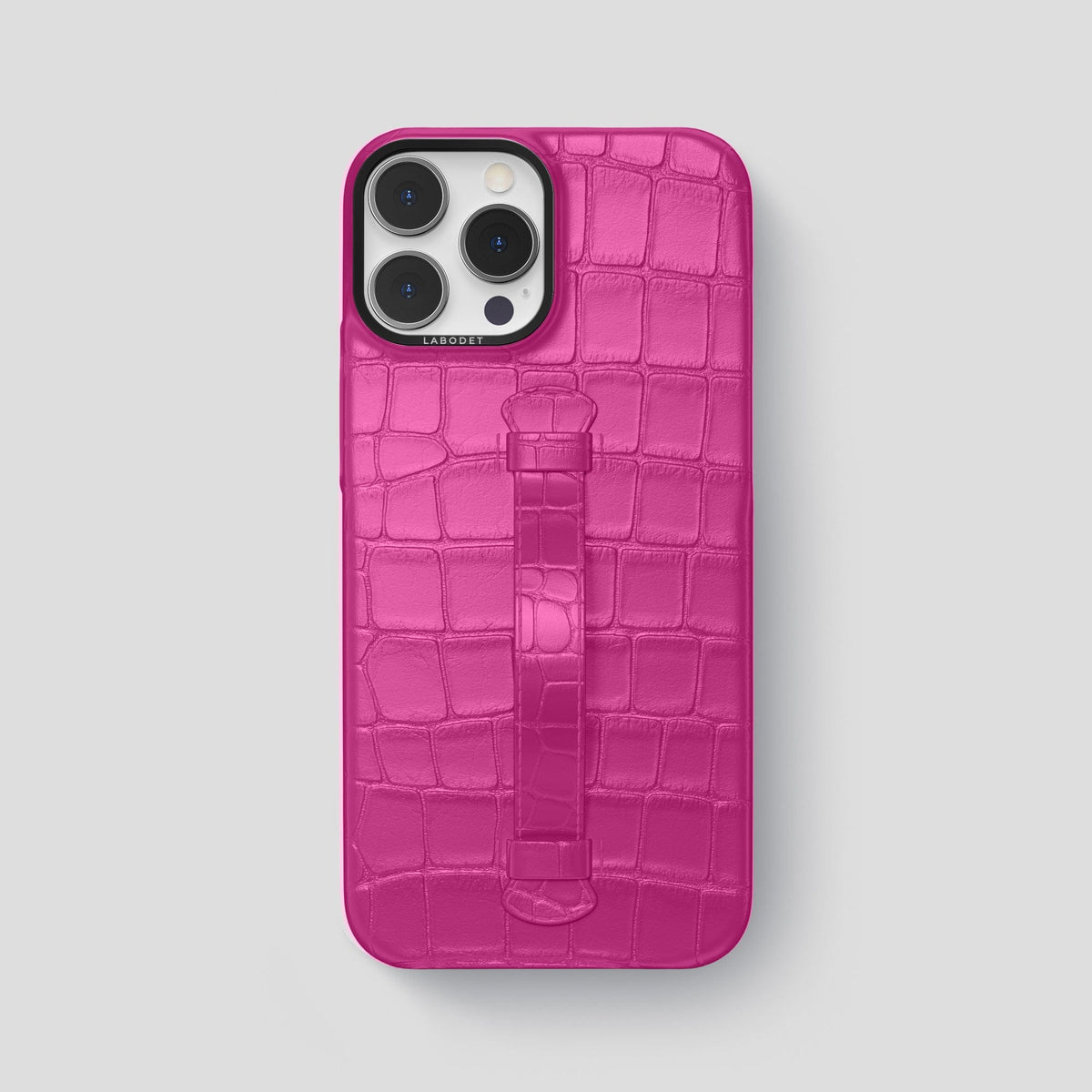 Fuchsia iPhone 15 Pro Max Handle Case Alligator with Black Metal -2 | Fuchsia-Black