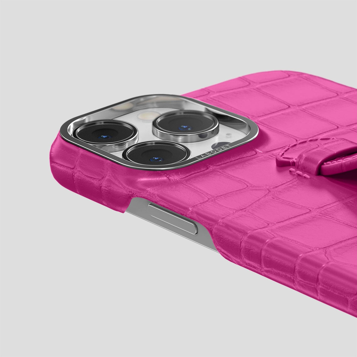Fuchsia iPhone 15 Pro Max Handle Case Alligator with Steel Metal -5 | Fuchsia-Steel