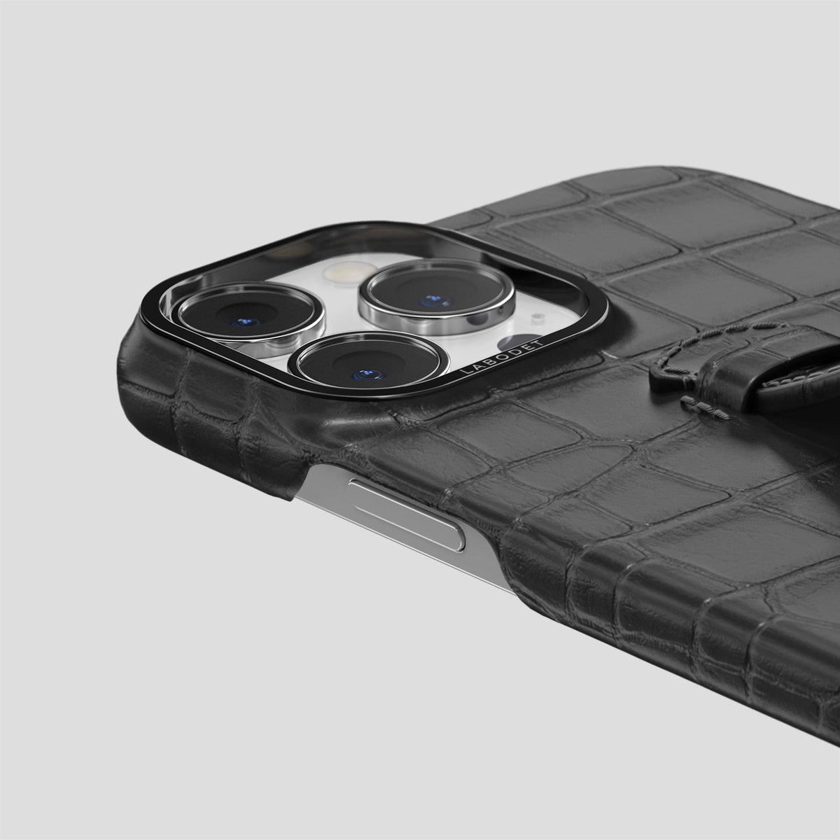Grey iPhone 15 Pro Max Handle Case Alligator with Black Metal -5 | Grey-Black