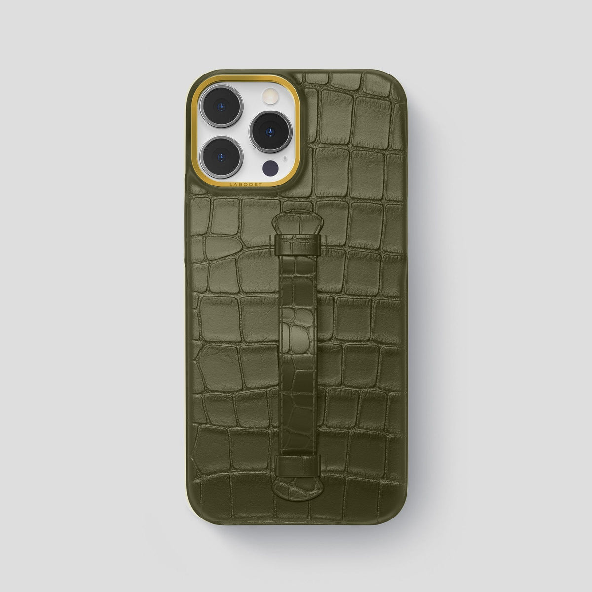 Kaki-Green iPhone 15 Pro Max Handle Case Alligator with Gold Metal -2 | Kaki-Green-Gold