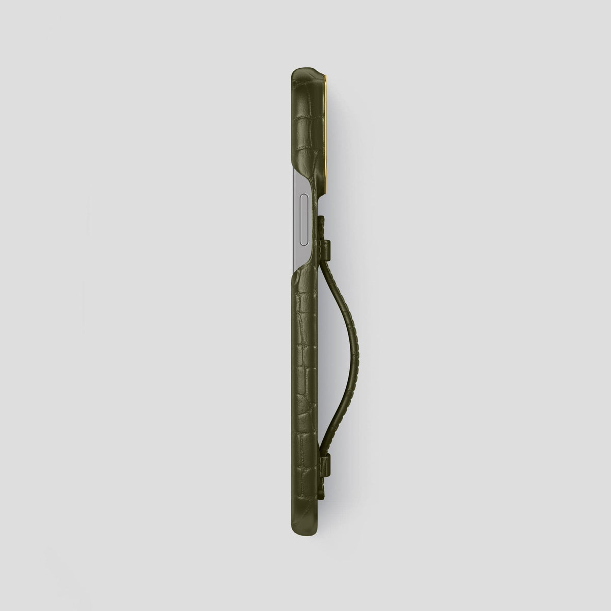 Kaki-Green iPhone 15 Pro Max Handle Case Alligator with Gold Metal -3 | Kaki-Green-Gold