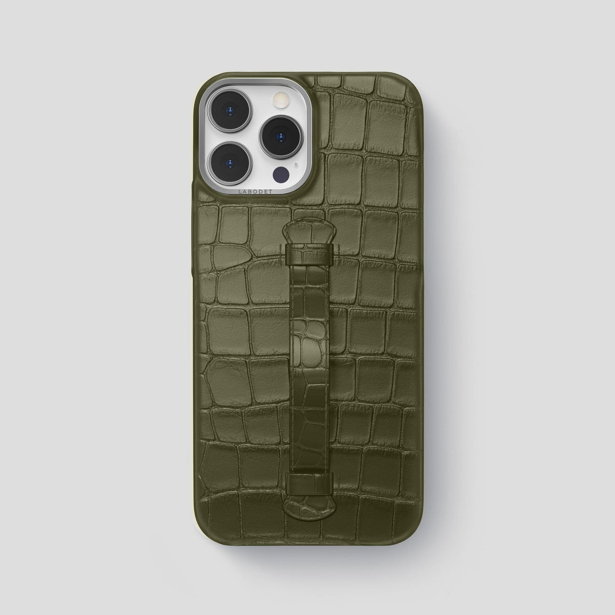 Kaki-Green iPhone 15 Pro Max Handle Case Alligator with Steel Metal -2 | Kaki-Green-Steel