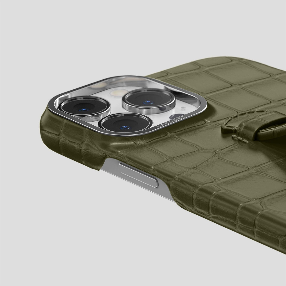 Kaki-Green iPhone 15 Pro Max Handle Case Alligator with Steel Metal -5 | Kaki-Green-Steel