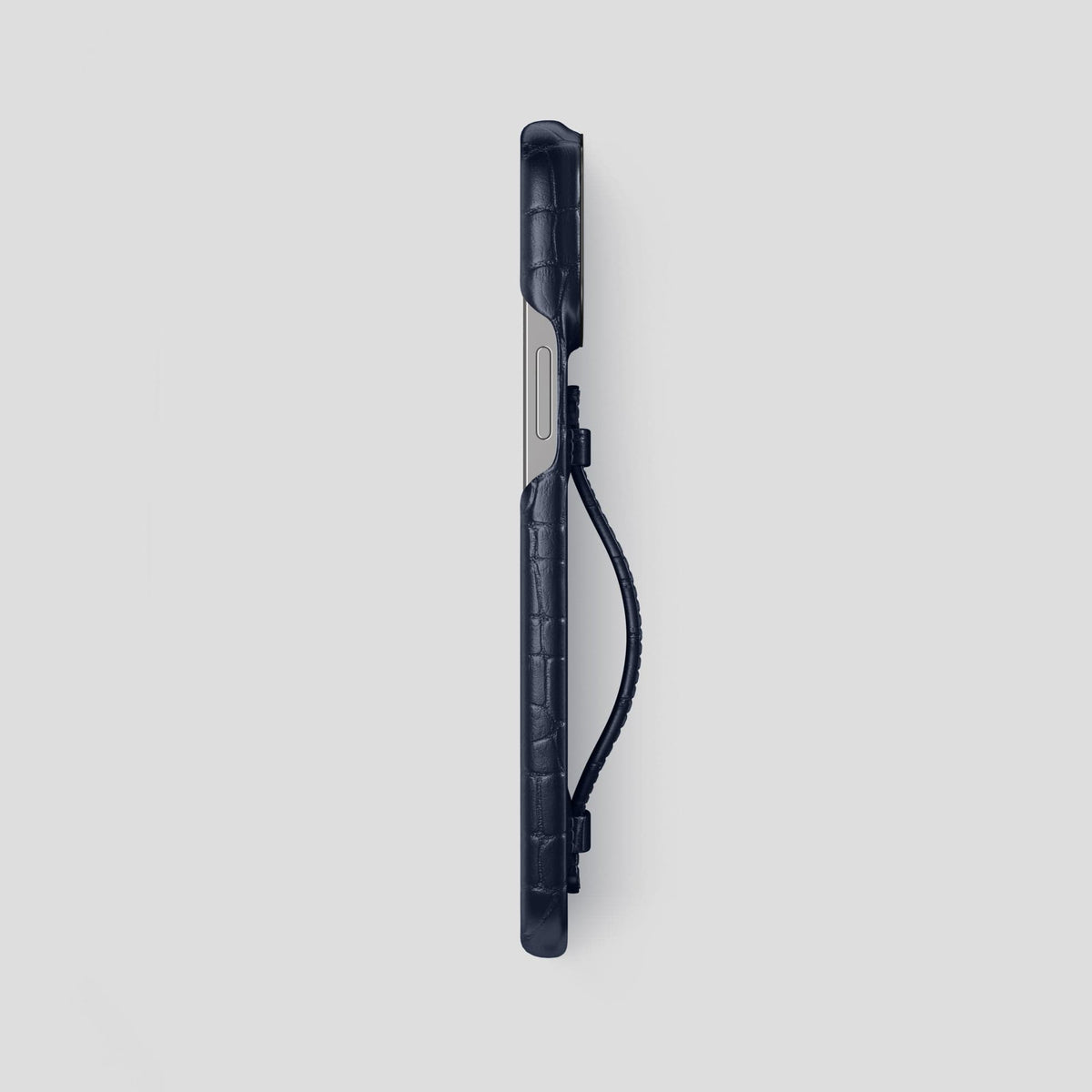Navy Blue iPhone 15 Pro Max Handle Case Alligator with Black Metal -3 | Navy-Blue-Black