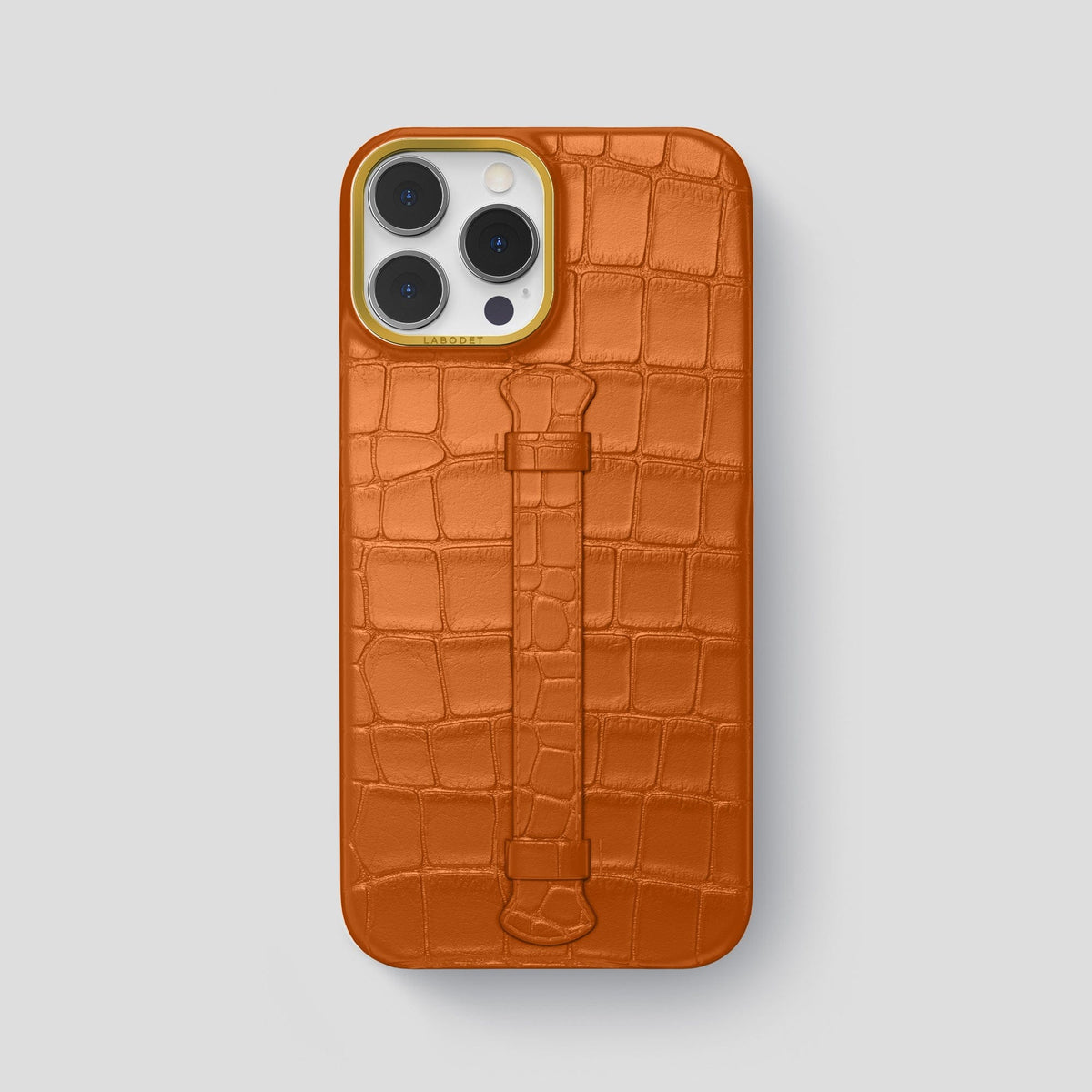 Orange iPhone 15 Pro Max Handle Case Alligator with Gold Metal -1 | Orange-Gold