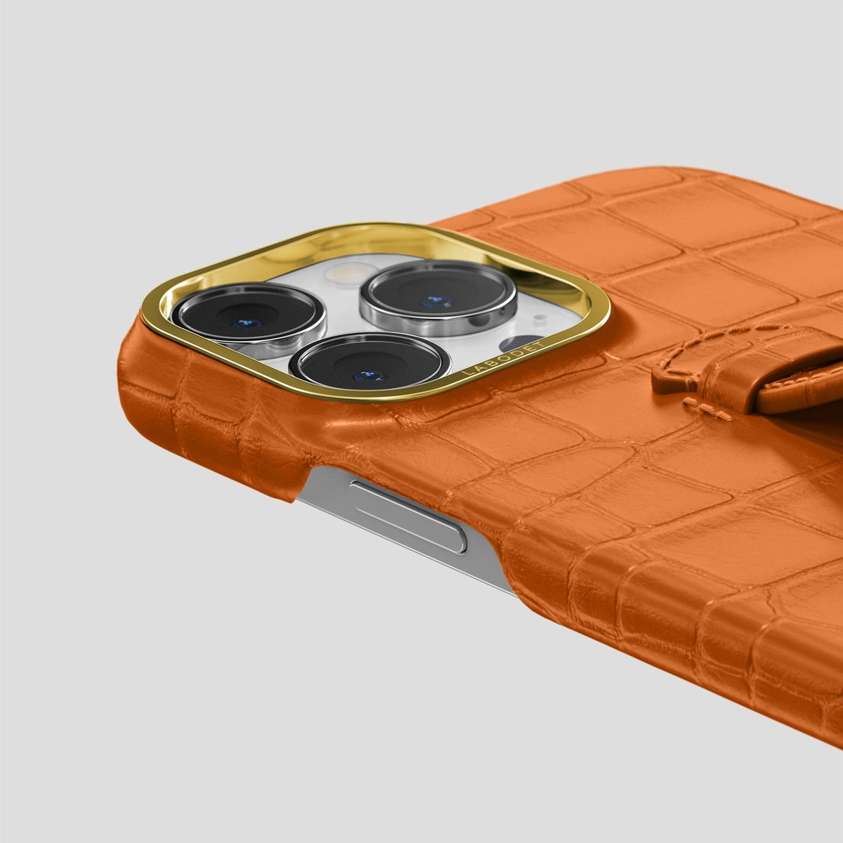 Orange iPhone 15 Pro Max Handle Case Alligator with Gold Metal -5 | Orange-Gold