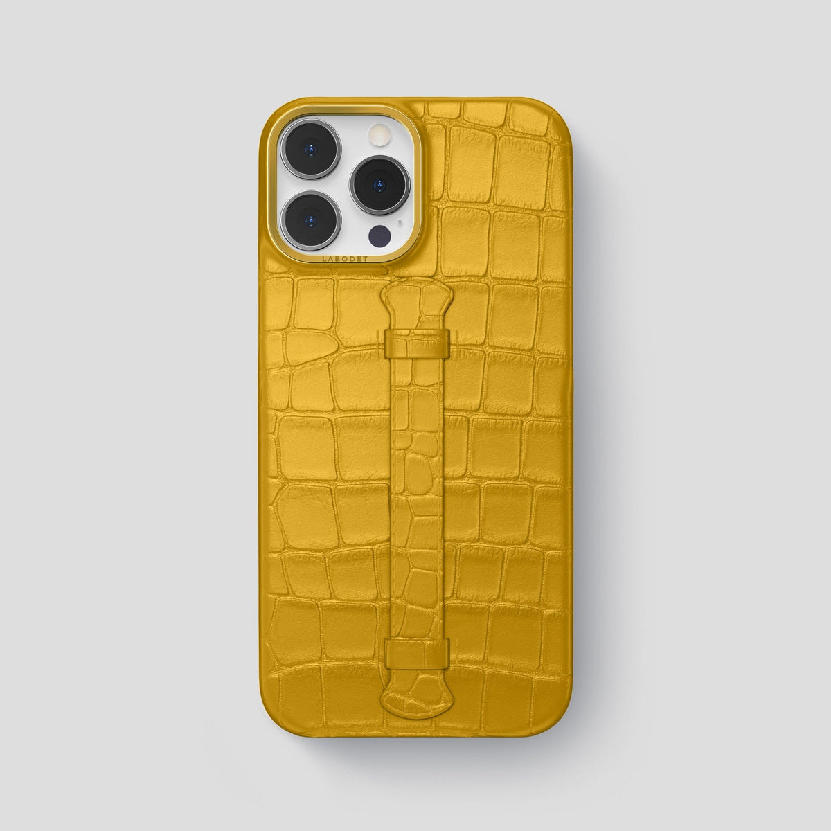 Yellow iPhone 15 Pro Max Handle Case Alligator with Gold Metal -1 | Yellow-Gold