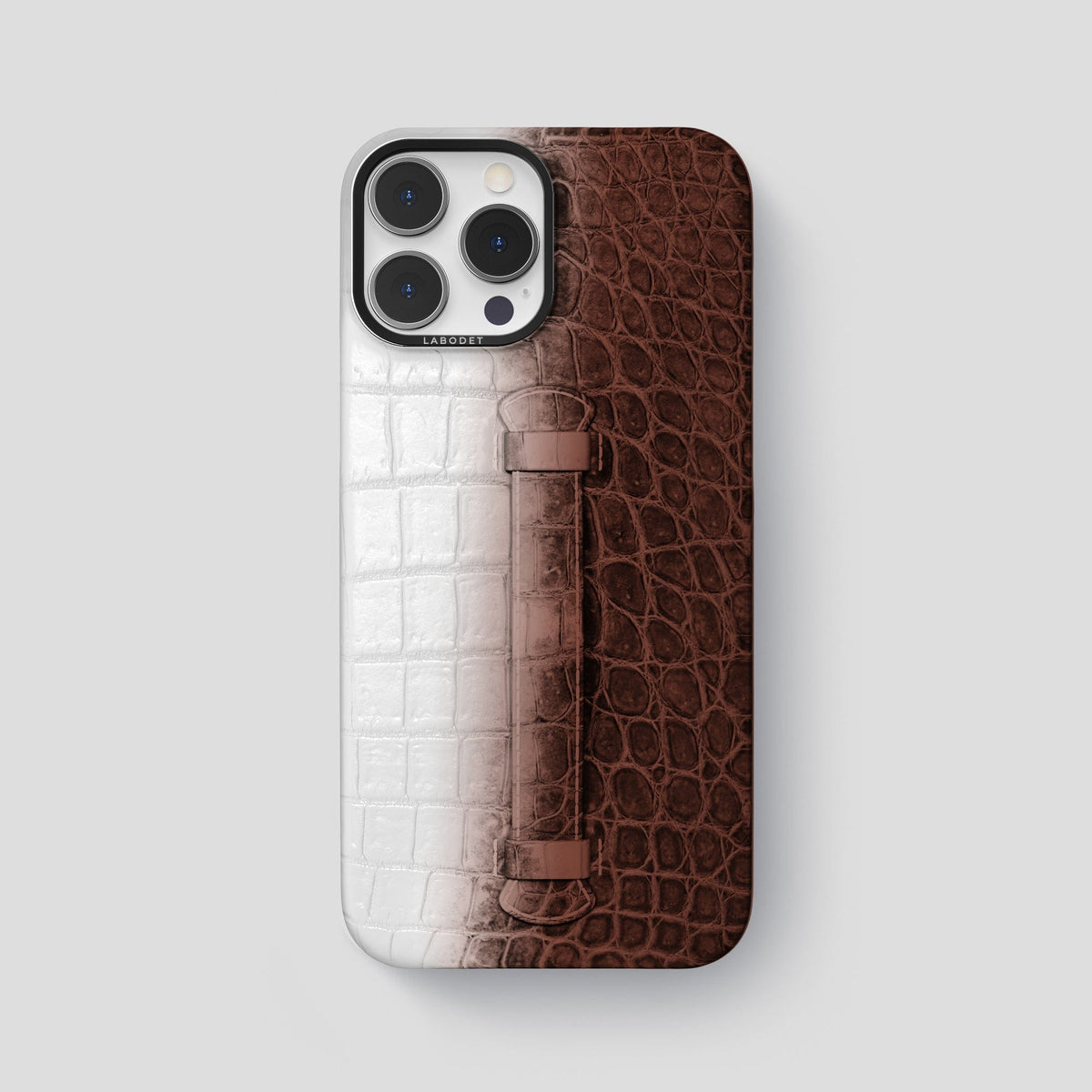 Dark Brown iPhone 15 Pro Max Central Handle Case Himalayan Crocodile with Black Metal -2 | Dark-Brown-Black