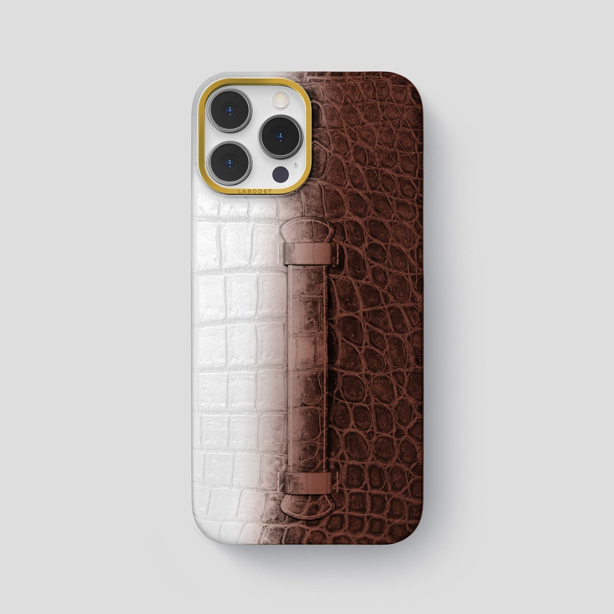 Dark Brown iPhone 15 Pro Max Central Handle Case Himalayan Crocodile with Gold Metal -2 | Dark-Brown-Gold