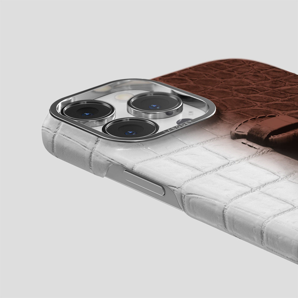 Dark Brown iPhone 15 Pro Max Central Handle Case Himalayan Crocodile with Steel Metal -5 | Dark-Brown-Steel