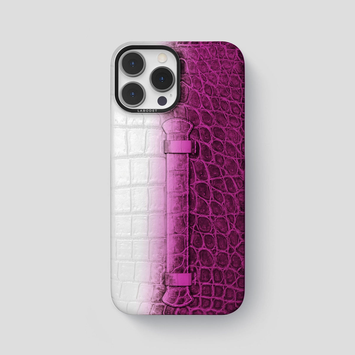 Fuchsia iPhone 15 Pro Max Central Handle Case Himalayan Crocodile with Black Metal -1 | Fuchsia-Black