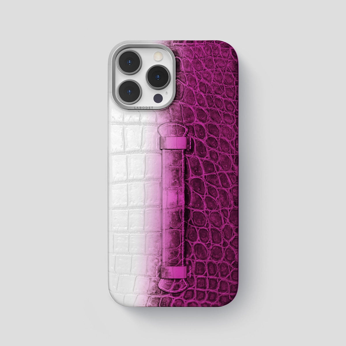 Fuchsia iPhone 15 Pro Max Central Handle Case Himalayan Crocodile with Steel Metal -2 | Fuchsia-Steel