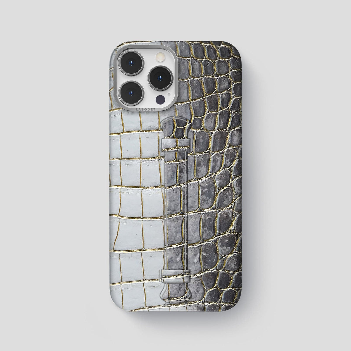 Gold iPhone 15 Pro Max Central Handle Case Himalayan Crocodile with Steel Metal -1 | Gold-Steel