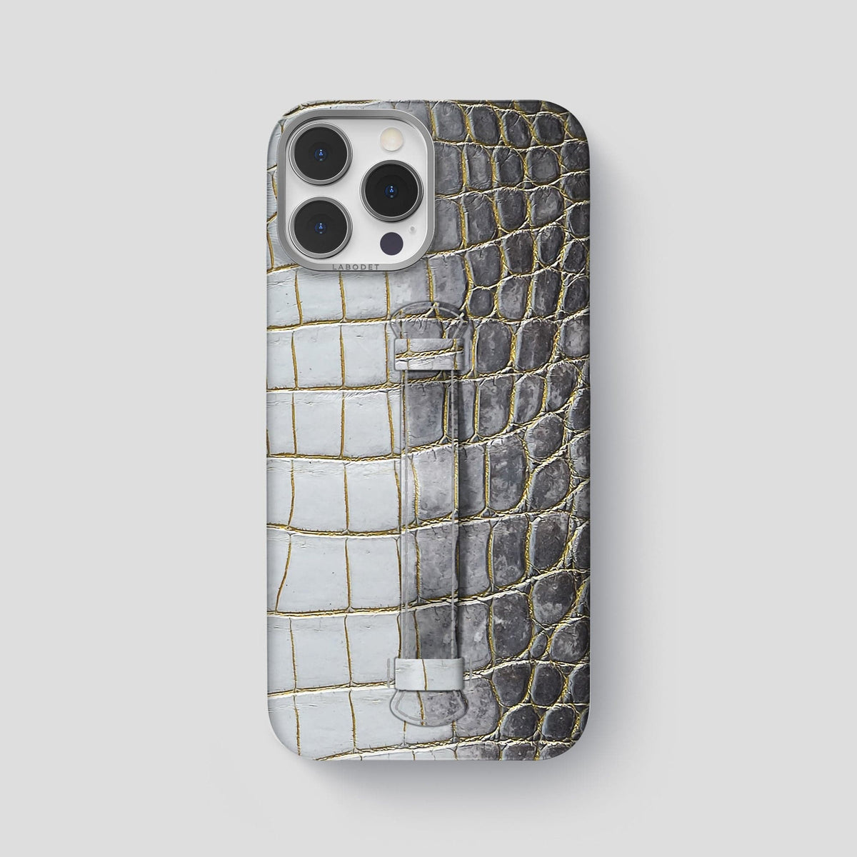 Gold iPhone 15 Pro Max Central Handle Case Himalayan Crocodile with Steel Metal -2 | Gold-Steel