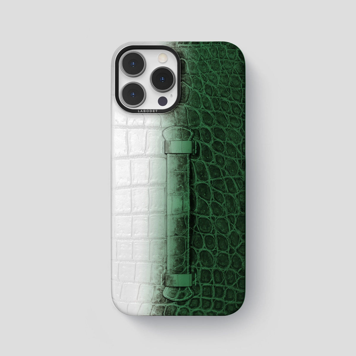 Green iPhone 15 Pro Max Central Handle Case Himalayan Crocodile with Black Metal -2 | Green-Black
